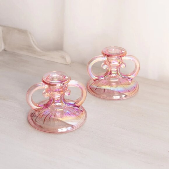 Vintage Pink Iridescent Handled Short Candlesticks (Set of 2) - Picture 1 of 5